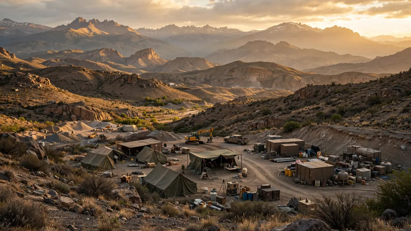 Vista panorámica de las estribaciones andinas con un campamento minero en Neuquén, Argentina