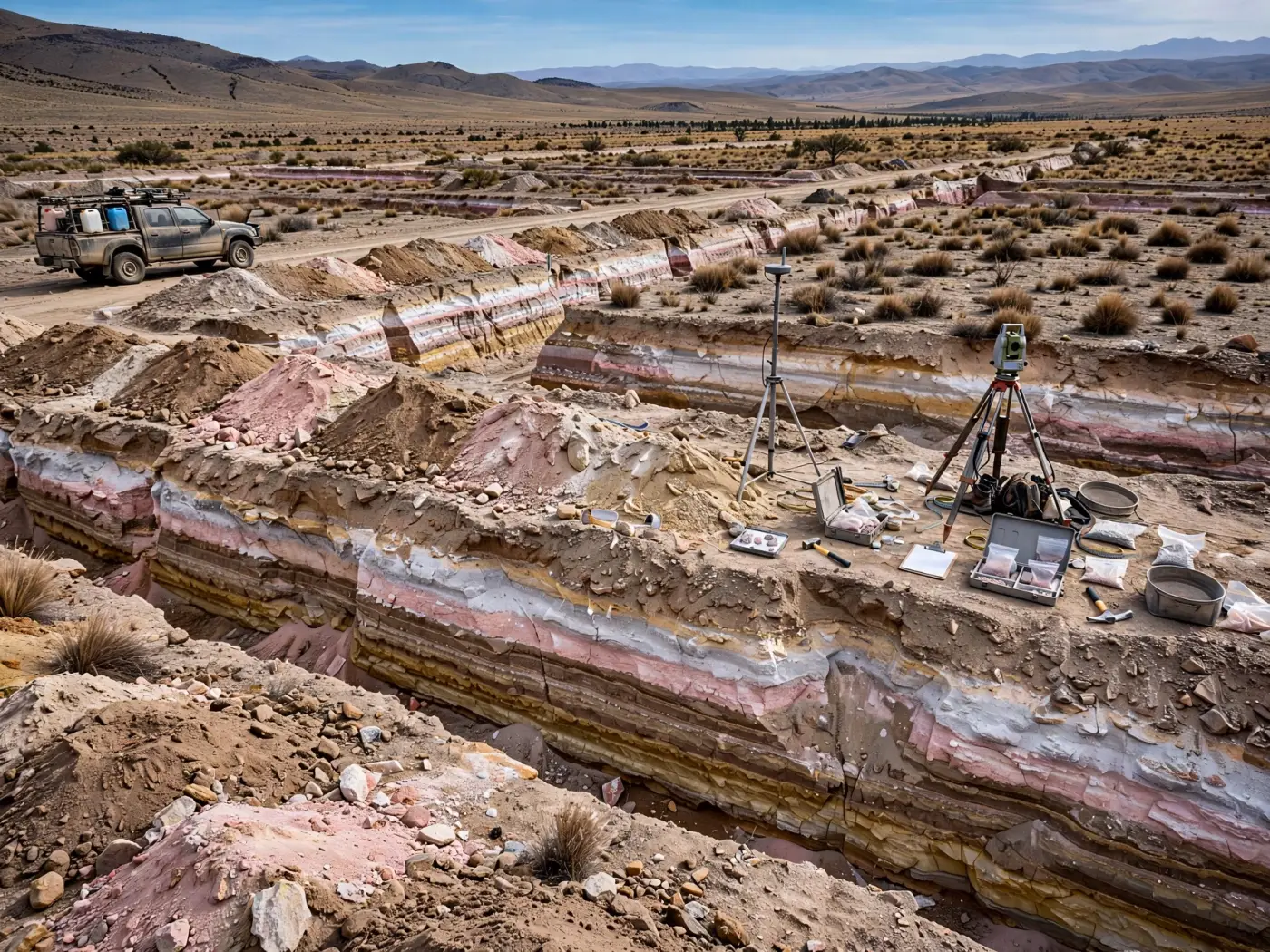 Trincheras de exploración mineral en la frontera Mendoza-Neuquén, Argentina