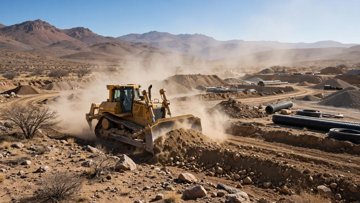 Bulldozer preparando un sitio para infraestructura minera en paisaje árido argentino